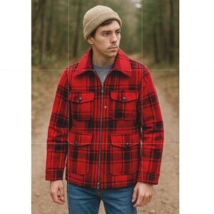 MELTON OUTER-WEAR MACKINAW SZ S Vintage 100% Wool Red Black Plaid Coat Lined